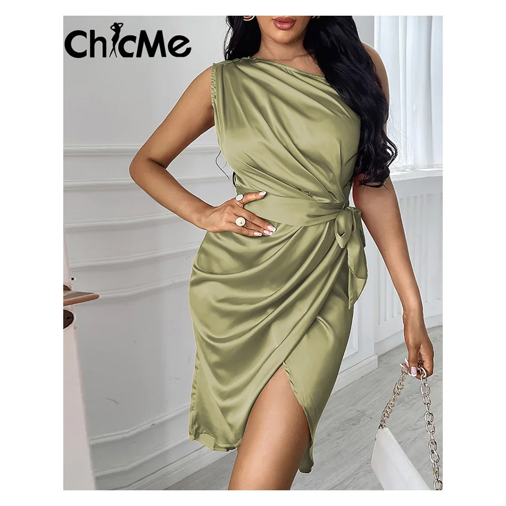 

Chicme Midi Women One Shoulder Ruched Slit Dress Sleeveless Belted Asymmetrical Casual Dress For Women Elegant Party Vestidos