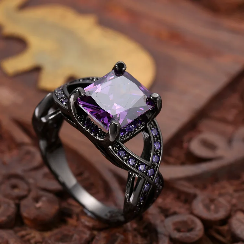 

JUNZI Noble Luxury Purple Square Zirconia Rings for Women Fashion Eternity Ring Elegant Bridal Wedding Engagement Jewelry