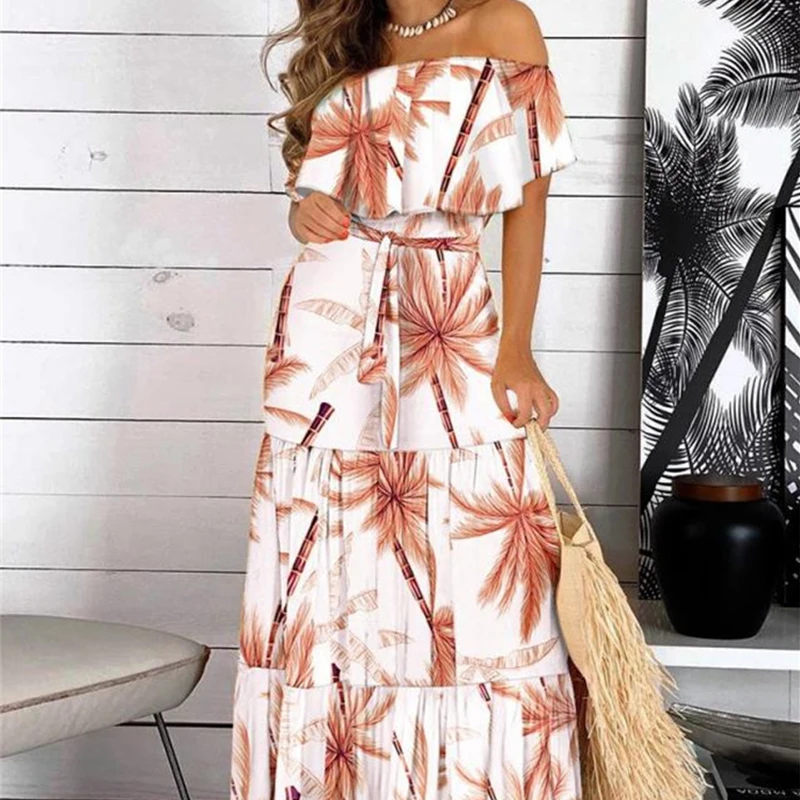 Off Shoulder Waist Controlled Printed Maxi Dress Summer Women Clothing Lotus Sleeve One Word Collar Elastic Waist A Line Skirt
Off Shoulder Waist Controlled Printed Maxi Dress Summer Women Clothing Lotus Sleeve One Word Collar Elastic Waist A Line Skirt