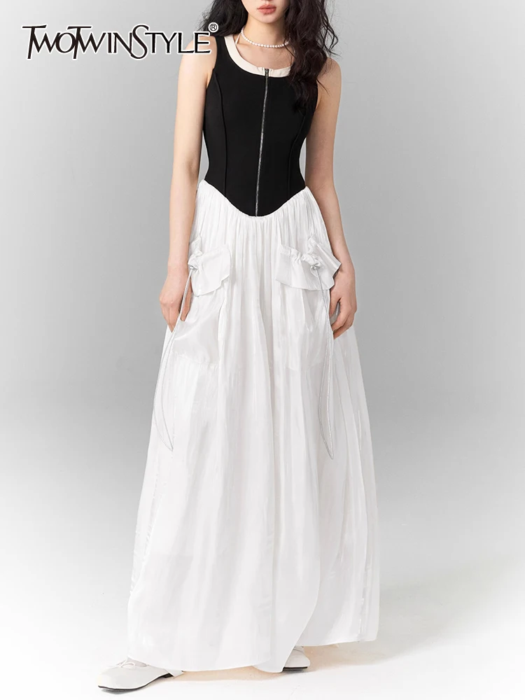 TWOTWINSTYLE Hit Color Patchwork Zipper Dresses For Women Round Neck Sleeveless High Waist Spliced Pockets A Line Dress Female
TWOTWINSTYLE Hit Color Patchwork Zipper Dresses For Women Round Neck Sleeveless High Waist Spliced Pockets A Line Dress Female