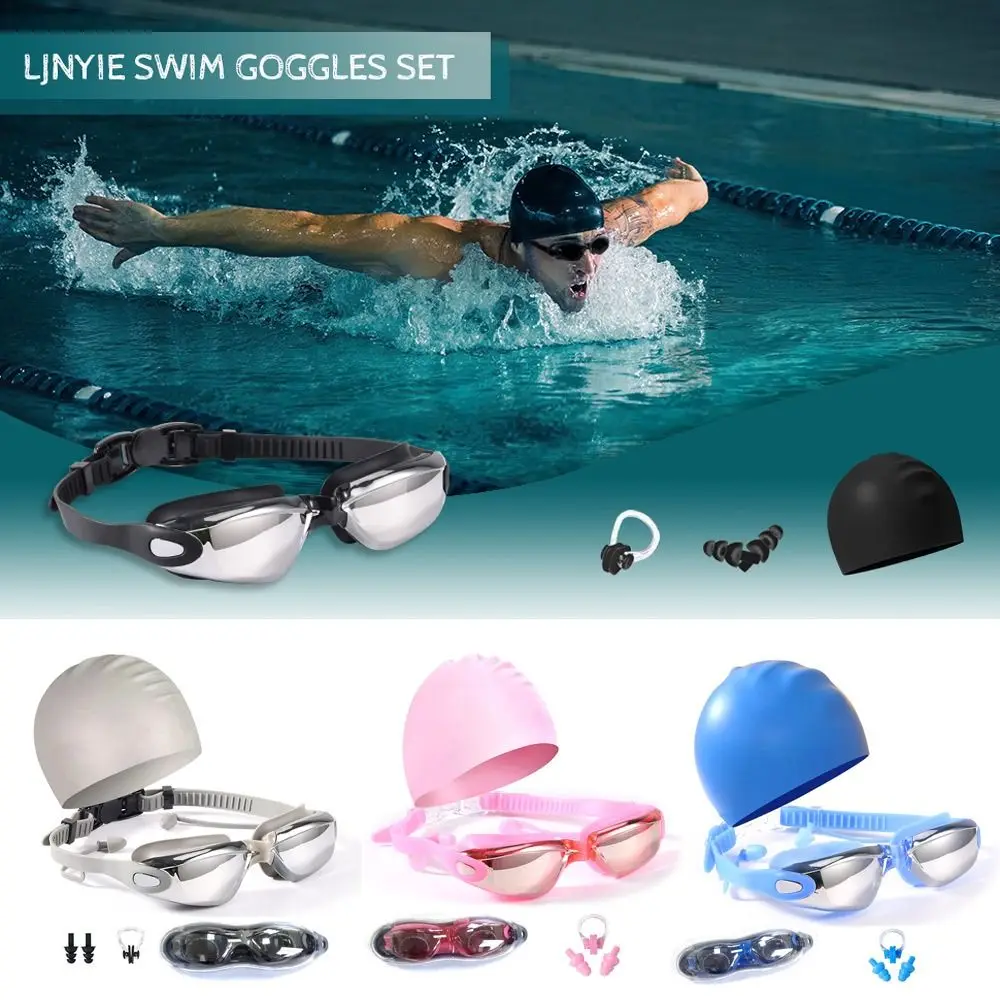 

Swimming Goggles Glasses Gear for Womens Mens Youth Goggles Swim with Nose Cover Caps Ear Plugs