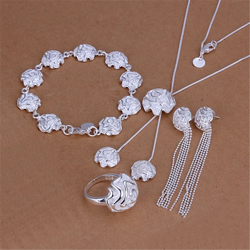 925 sterling Silver rose flower Jewelry set ring Bracelet necklace earring stud for women fashion Party wedding accessories Gift
925 sterling Silver rose flower Jewelry set ring Bracelet necklace earring stud for women fashion Party wedding accessories Gift