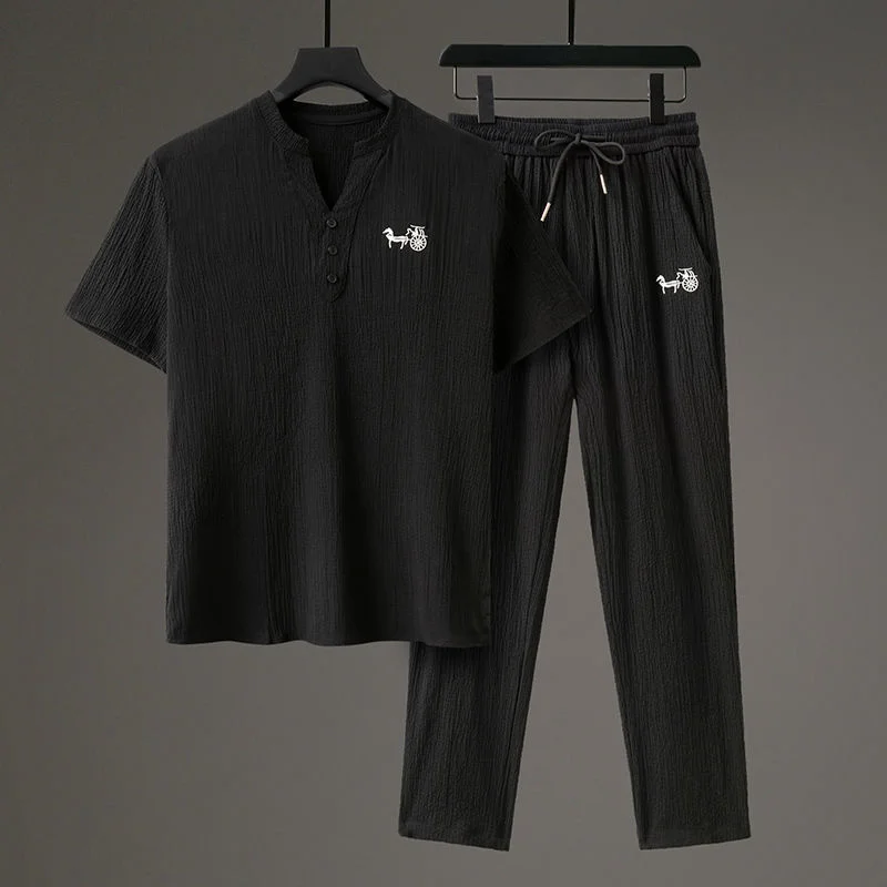 New Arrival Mens V-Neck Short Sleeve T-shirt + Ankle Length Pant Set Solid Shirt Trousers Home Suits Male 5XL Trainingspak Heren
New Arrival Mens V-Neck Short Sleeve T-shirt + Ankle Length Pant Set Solid Shirt Trousers Home Suits Male 5XL Trainingspak Heren