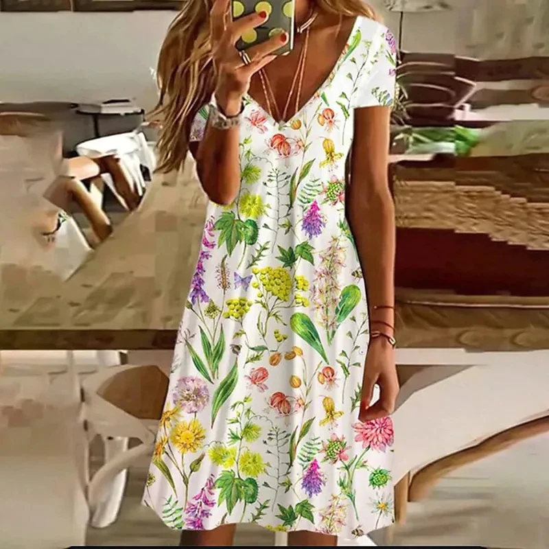 2022 Summer Women's Flower Printed Casual Dresses V Neck Elegant Female Short Sleeves Knee Length Dress New Design Loosen Dress
2022 Summer Women's Flower Printed Casual Dresses V Neck Elegant Female Short Sleeves Knee Length Dress New Design Loosen Dress