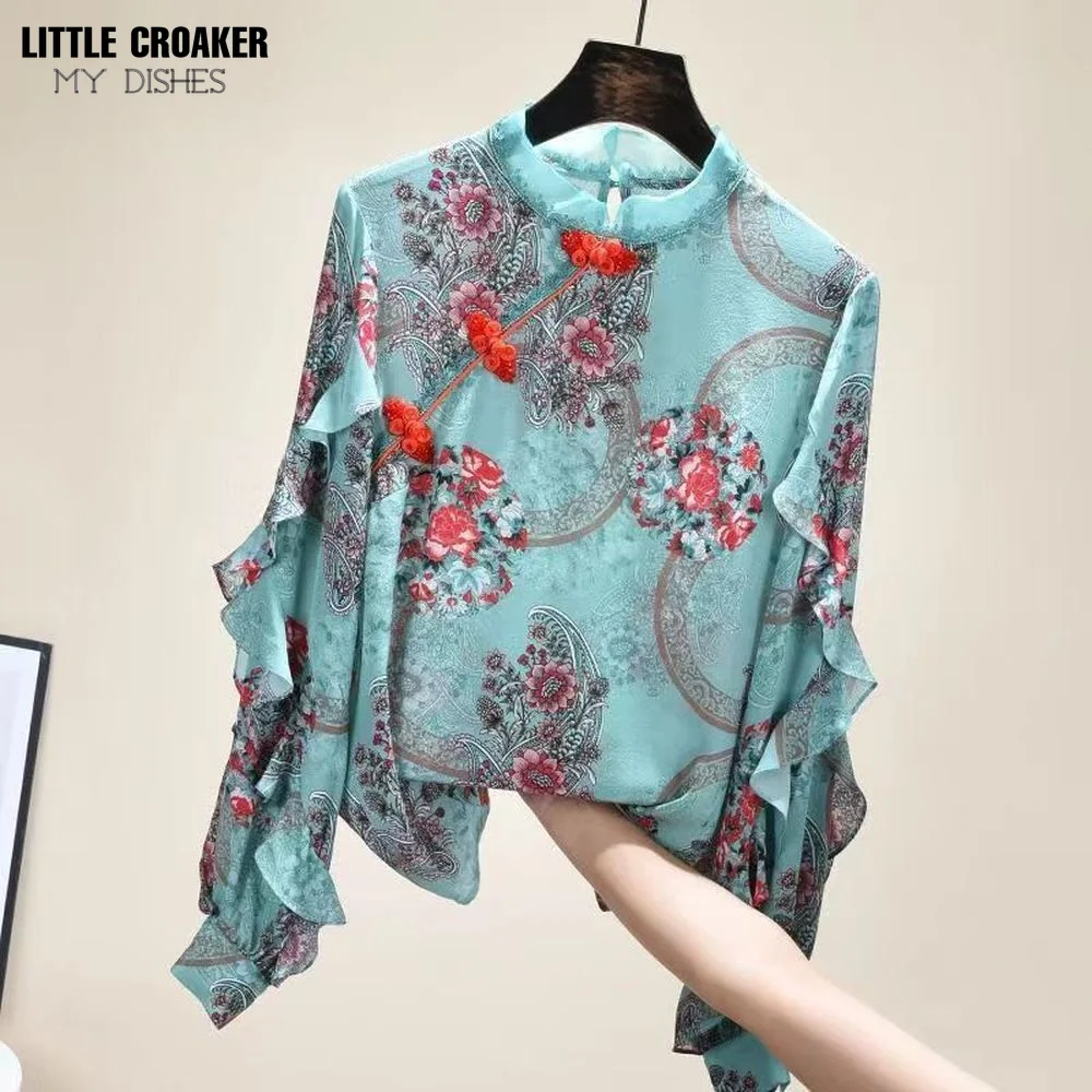 Retro Chinese Style Design Women Chiffon Top Long Sleeve Elegant Cheongsam Vintage Buckle Ruffled Floral Blouse Female
Retro Chinese Style Design Women Chiffon Top Long Sleeve Elegant Cheongsam Vintage Buckle Ruffled Floral Blouse Female
