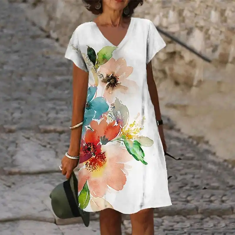2023 New Women V-Neck New Design Printing Short Sleeve Skirt Casual Knee-length Skirt Summer Fashion Dress Loose Slim Skirt
2023 New Women V-Neck New Design Printing Short Sleeve Skirt Casual Knee-length Skirt Summer Fashion Dress Loose Slim Skirt