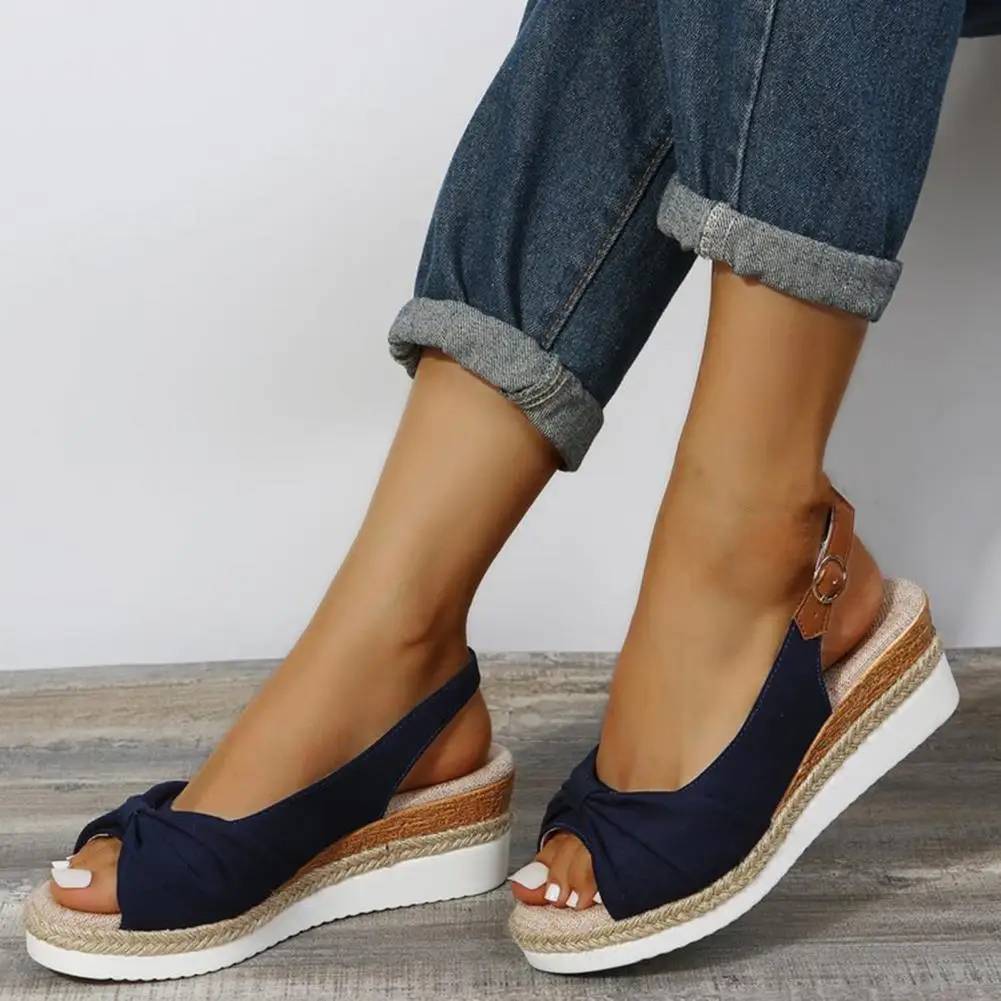 

Women Casual Sandals Peep Toes Wedge Platform Thick Sole Front Bowknot Pin Buckle Footwear Summer Ladies Office Sandals Shoes