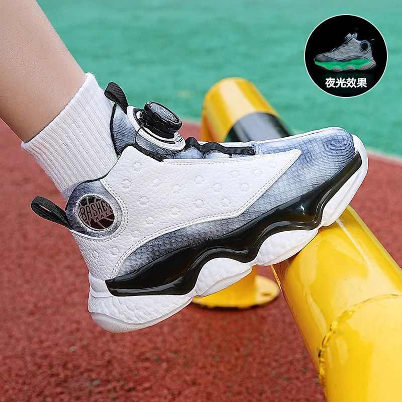 

Баскетбольные туфли с вращающейся пряжкой, Детские Молодежные кроссовки для отдыха, уличная Нескользящая Спортивная светящаяся теннисная спортивная обувь без шнуровки
