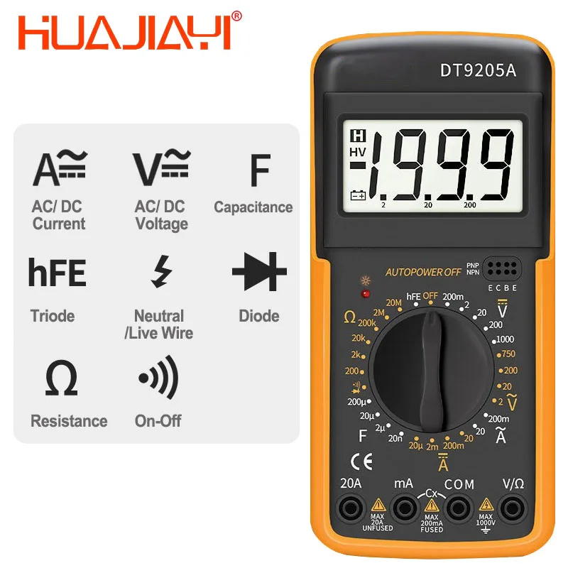

HUAJIAYI DT9205A LCD Digital Multimeter Portable AC DC Volt Voltmeter Ammeter Ohm Voltage Capacitance Resistance Tester Meter