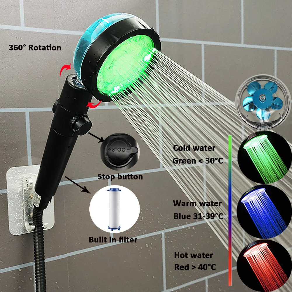 

3/7 Colors Led Fan Turbo Propeller Shower Head High Pressure Water Saving One Key Stop Filtered Shower Head Bathroom Accessories