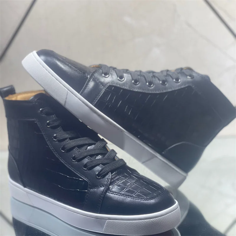 Fashion Luxury Designer Black Leather Red Bottoms High Top Shoes For Men Casual Loafers Flats Women Dress Party Wedding Sneakers
Fashion Luxury Designer Black Leather Red Bottoms High Top Shoes For Men Casual Loafers Flats Women Dress Party Wedding Sneakers