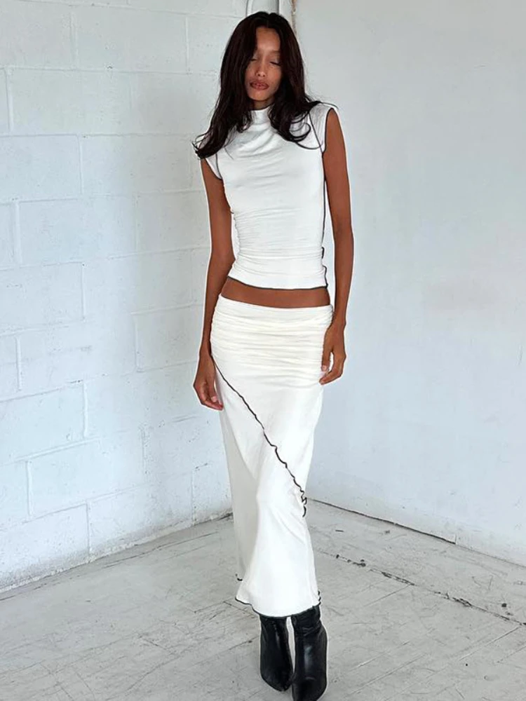 Y2K Slim Maxi Skirt Set Women Turtleneck Short Sleeve Tops and Long Skirt 2 Piece Set Summer Casual Dress Set White Streetwear
Y2K Slim Maxi Skirt Set Women Turtleneck Short Sleeve Tops and Long Skirt 2 Piece Set Summer Casual Dress Set White Streetwear