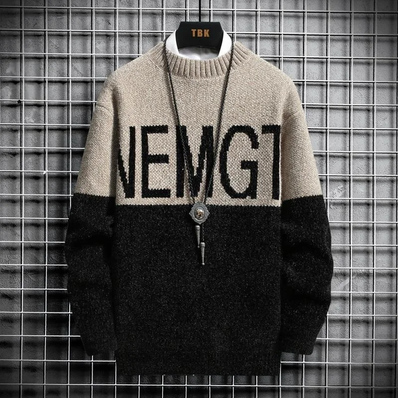 

#4040 Winter Sweater Men Spliced Color Harajuku Knitwear Men's Sweaters Warm Thick O-neck Mohair Pullover Letters Korean Style