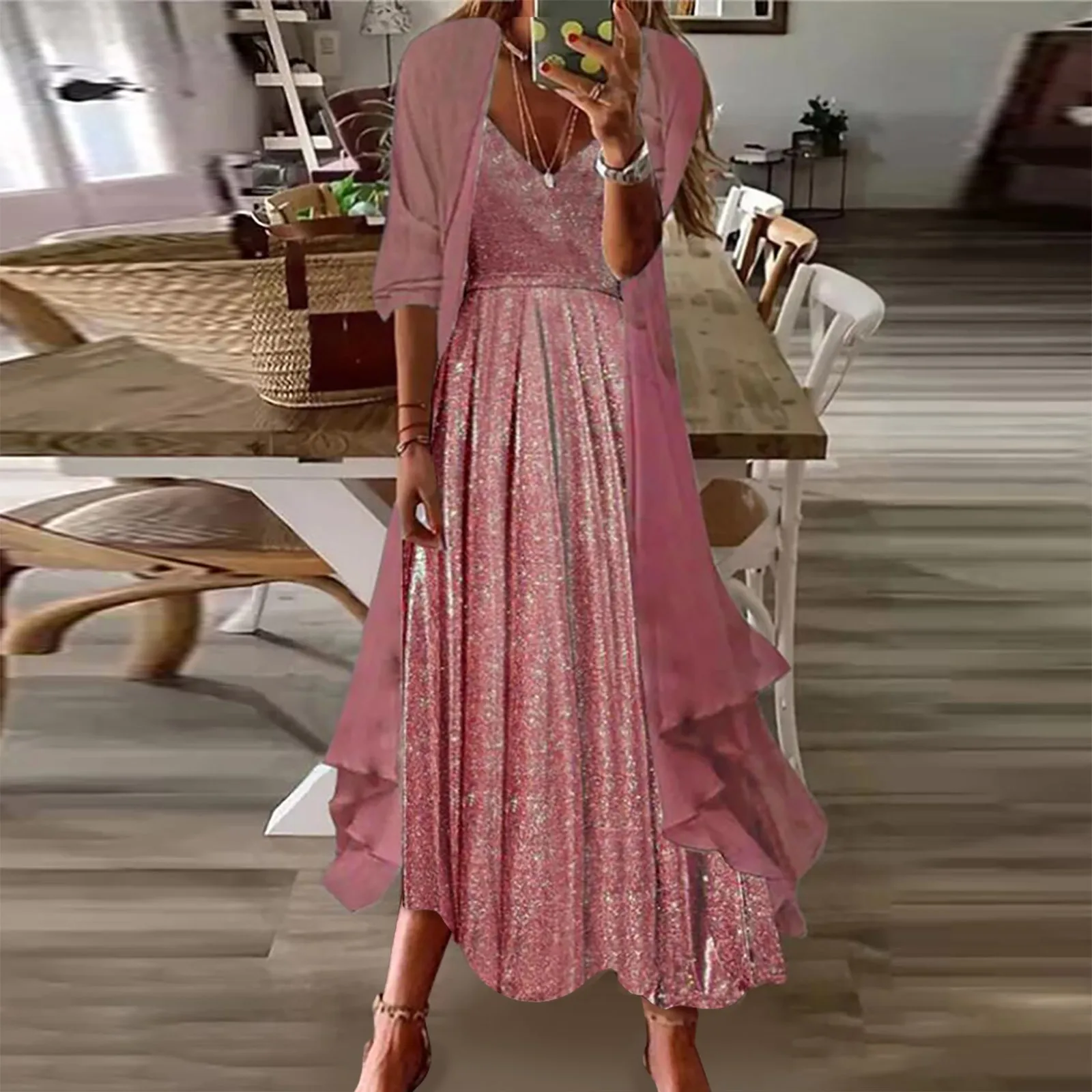 Womens Summer Dresses Sleeveless Shiny Party Dress + Chiffon Shawl Cardigan Lady Elegant Casual Wedding Prom Two Piece Set Dress
Womens Summer Dresses Sleeveless Shiny Party Dress + Chiffon Shawl Cardigan Lady Elegant Casual Wedding Prom Two Piece Set Dress