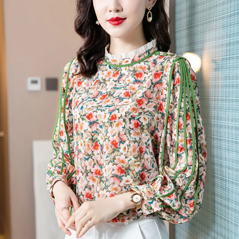 

Printing Silk Blouse Top Female Long Sleeve 2023 New Lantern Sleeve Mulberry Silk Floral Shirt Women Design Sense Niche Blouse