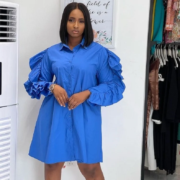 Fashion new simple lapel shirt long sleeve ruffle button high waist loose casual A-line large solid women's dress
Fashion new simple lapel shirt long sleeve ruffle button high waist loose casual A-line large solid women's dress