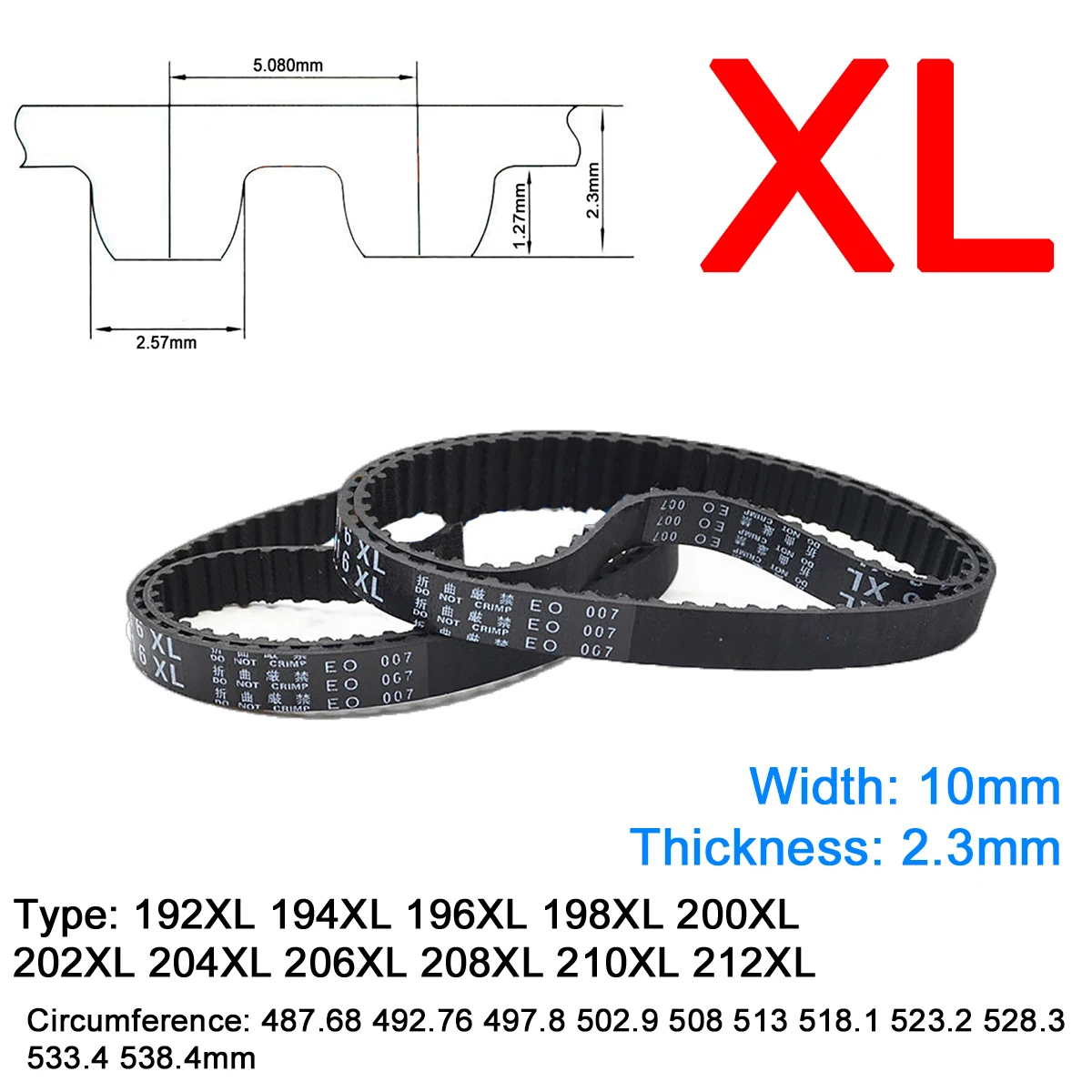 1Pc Width 10mm XL Rubber Trapezoid Tooth Timing Belt 192XL 194XL 196XL 198XL 200XL 202XL 204XL 206XL 208XL 210XL 212XL Closed
1Pc Width 10mm XL Rubber Trapezoid Tooth Timing Belt 192XL 194XL 196XL 198XL 200XL 202XL 204XL 206XL 208XL 210XL 212XL Closed