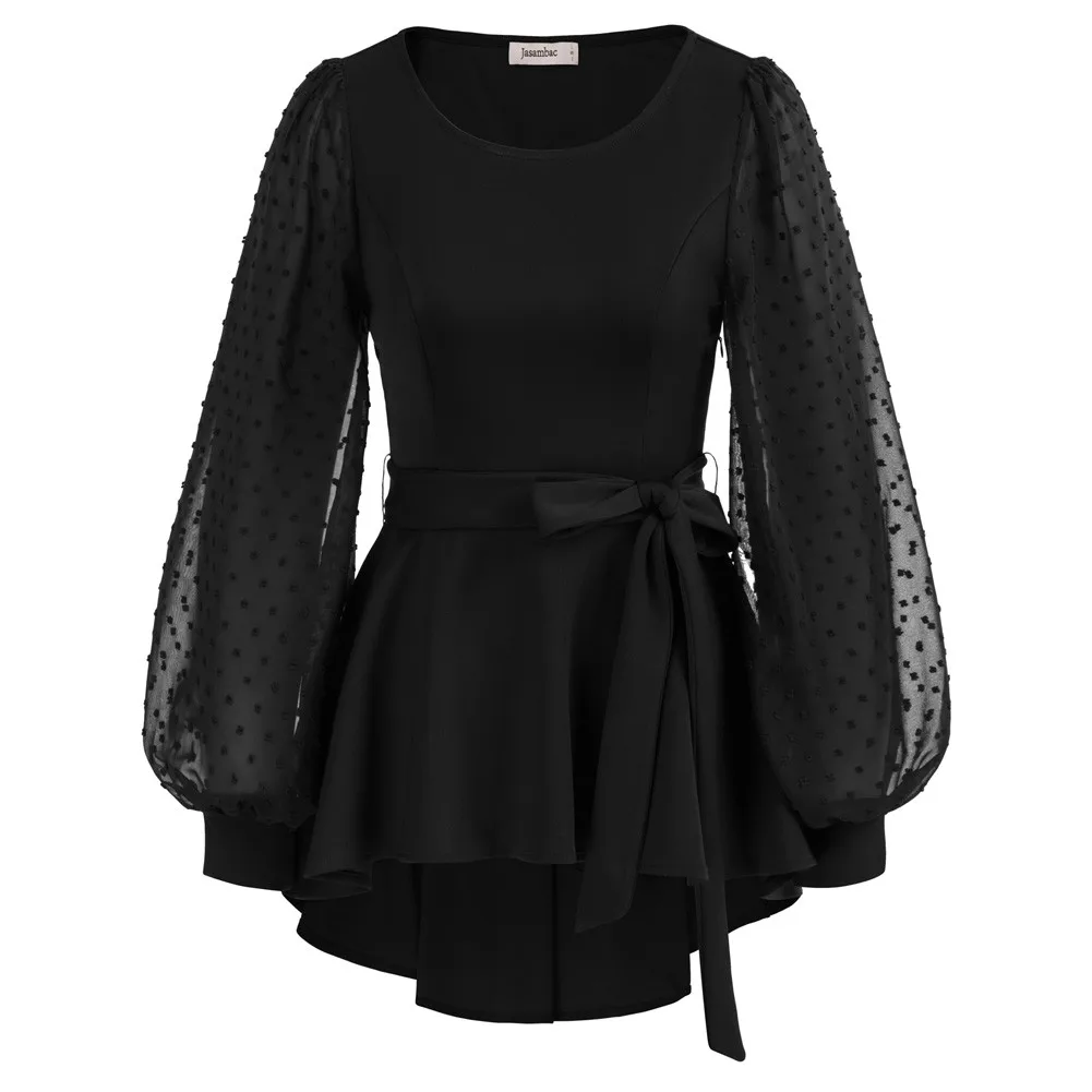 Jasambac Women High-Low Hem Tops Long Sleeve Crew Neck Swiss Dot Patchwork Tops Bow waist belt blouse A30
Jasambac Women High-Low Hem Tops Long Sleeve Crew Neck Swiss Dot Patchwork Tops Bow waist belt blouse A30