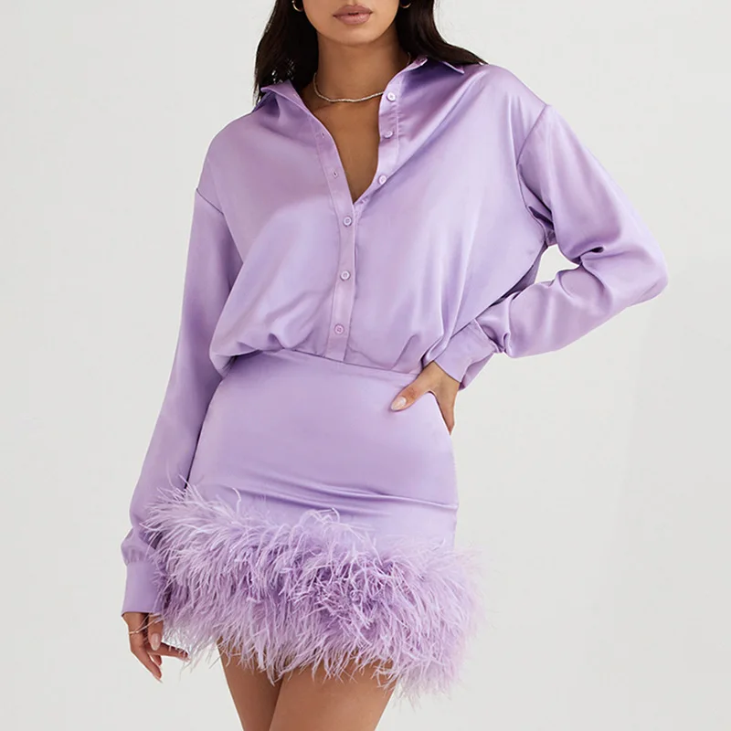 2022 Spring And Summer Women Long Sleeve Plain Satin Feather Decorative Lining Dress
2022 Spring And Summer Women Long Sleeve Plain Satin Feather Decorative Lining Dress