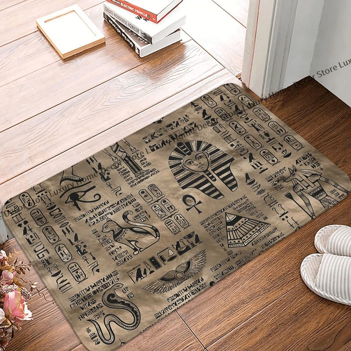 

Ancient Egypt Non-slip Doormat Egyptian Hieroglyphs Deities Luxury Gold Bath Bedroom Mat Welcome Carpet Flannel Pattern Decor