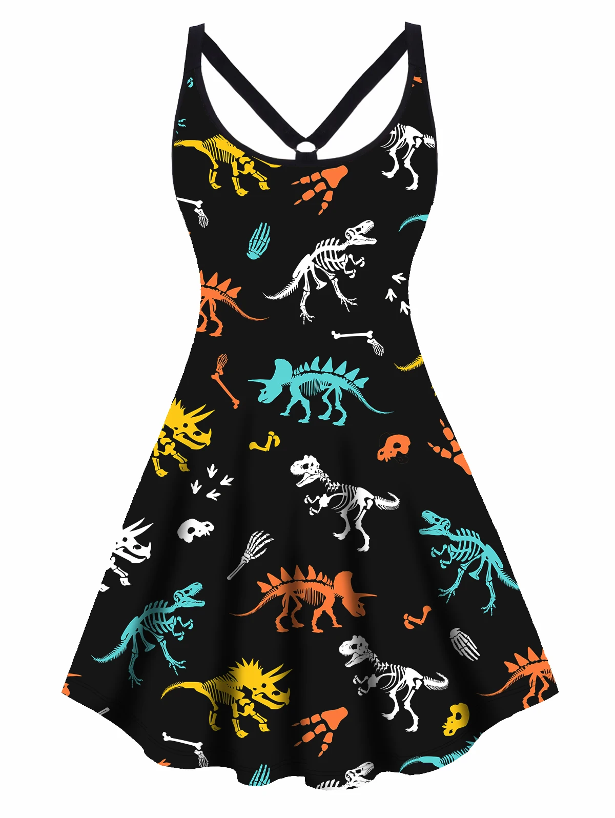 

Dressfo Women Plus Size Dresses Colored Skeleton Dinosaur Print Robe For Female Summer Cut Out High Waisted A Line Mini Dress