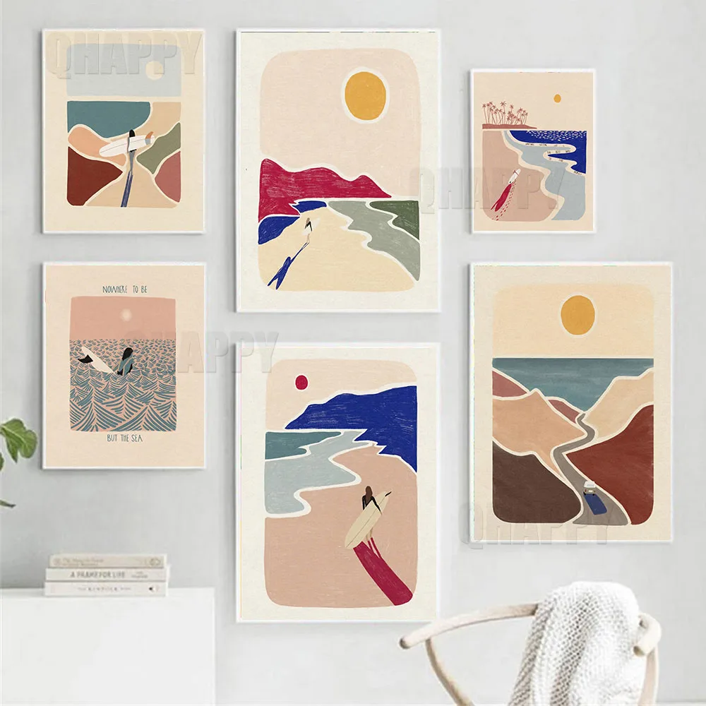 

Sunset Beach Surfing Wall Art Canvas Painting Girls Nordic Poster Modern Quote Printing Illustration For Livingroom Home Decor