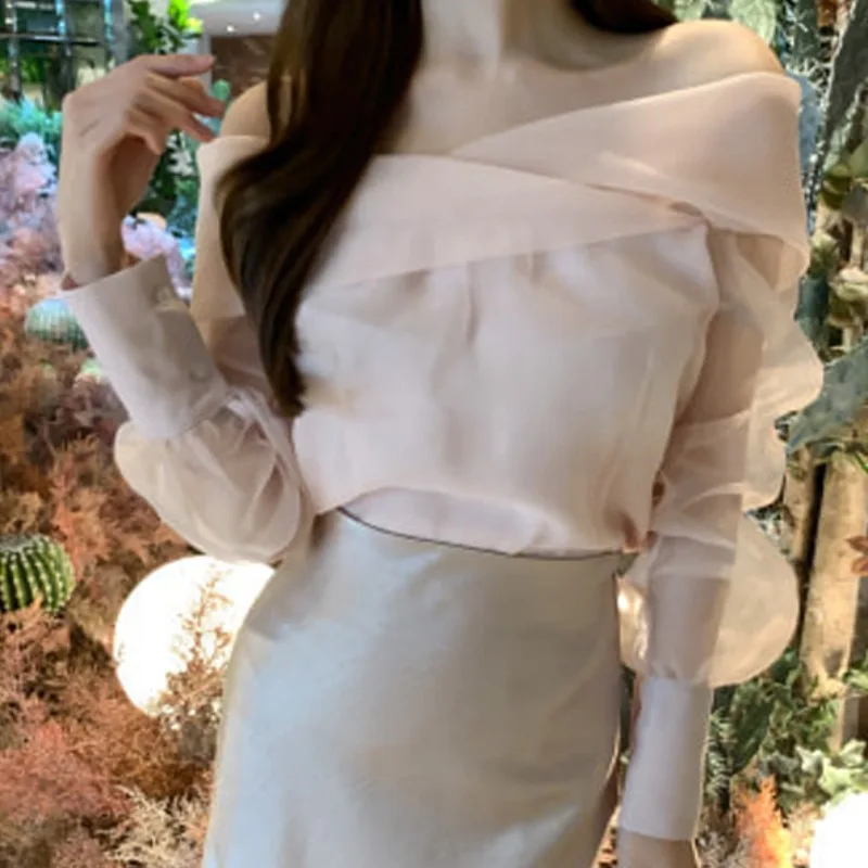 Women Korean Solid Transparent Long Sleeve Tops 2022 Spring New Mesh Blouse Ladies Elegant Clavicle One-shoulder Shirt
Women Korean Solid Transparent Long Sleeve Tops 2022 Spring New Mesh Blouse Ladies Elegant Clavicle One-shoulder Shirt