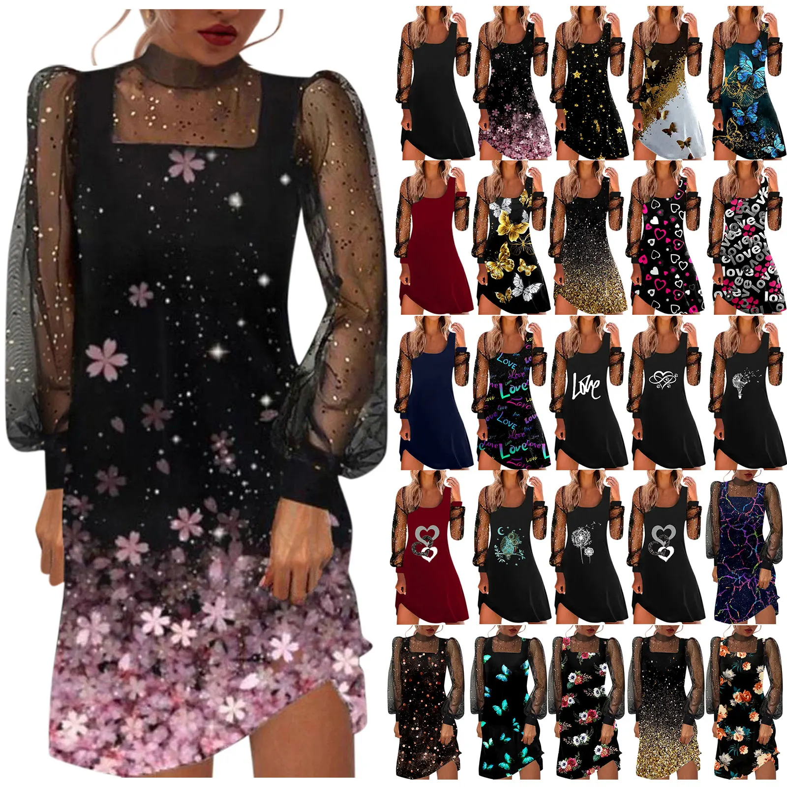 Women Spring Summer Dress Print Fashion Design Gauze Mesh Long Sleeve Casual Sexy Mini Dress Turtleneck O-neck Party Dress Robe
Women Spring Summer Dress Print Fashion Design Gauze Mesh Long Sleeve Casual Sexy Mini Dress Turtleneck O-neck Party Dress Robe
