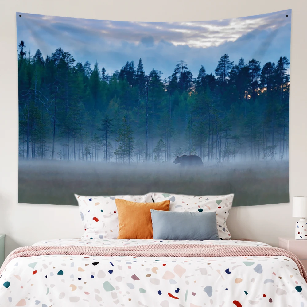 

Forest Fog Bear Natural Scenery Animals Tapestry Wall Hanging Aesthetics Bohemian Hippie Planet Living Room Bedroom Decor