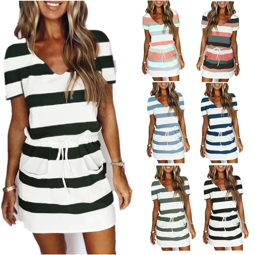2023 Summer New Women's Fashion Popular Drawstring Short Skirt Short Sleeve Striped Dress
2023 Summer New Women's Fashion Popular Drawstring Short Skirt Short Sleeve Striped Dress