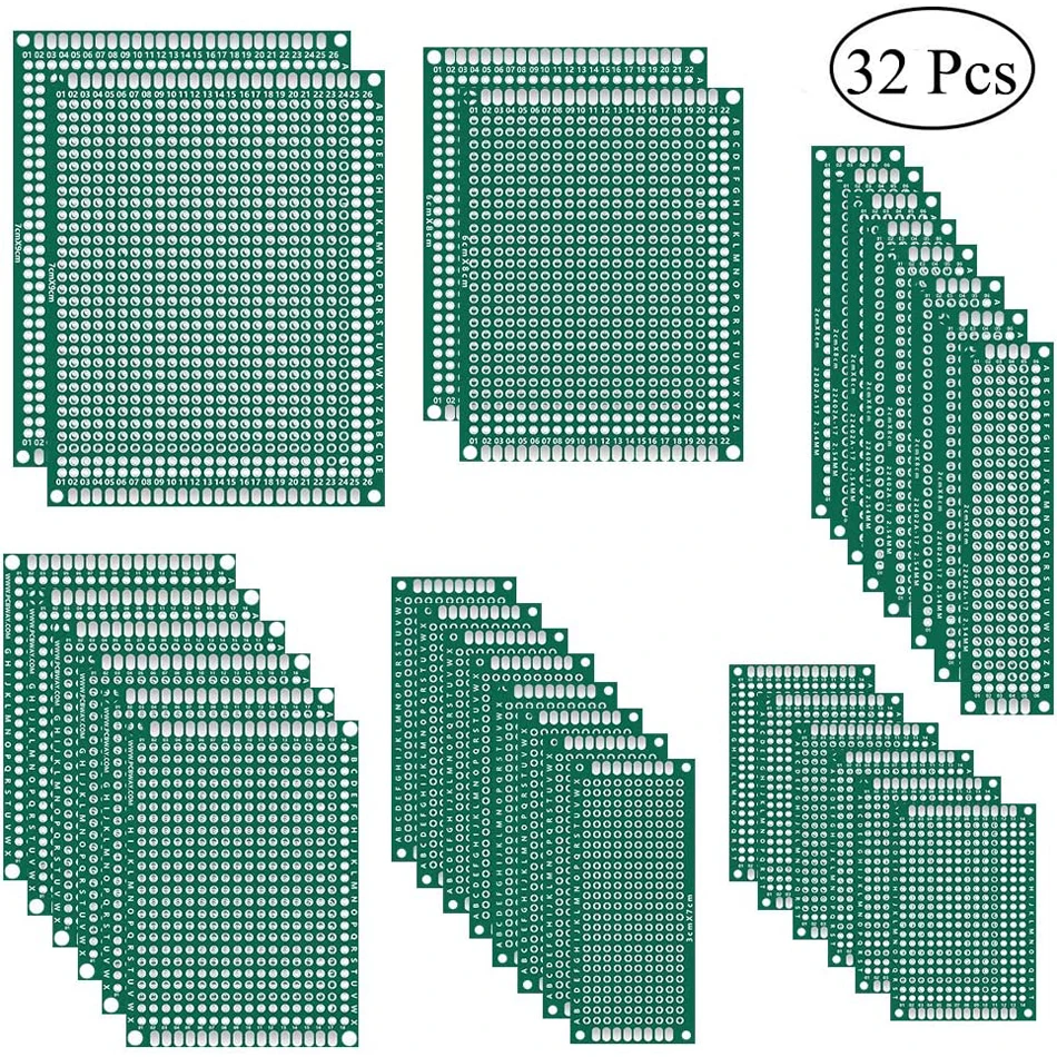 32 Pcs Double Sided PCB Board Prototype Kit 6 Sizes Universal Printed Circuit Protoboard for DIY Soldering Project
32 Pcs Double Sided PCB Board Prototype Kit 6 Sizes Universal Printed Circuit Protoboard for DIY Soldering Project