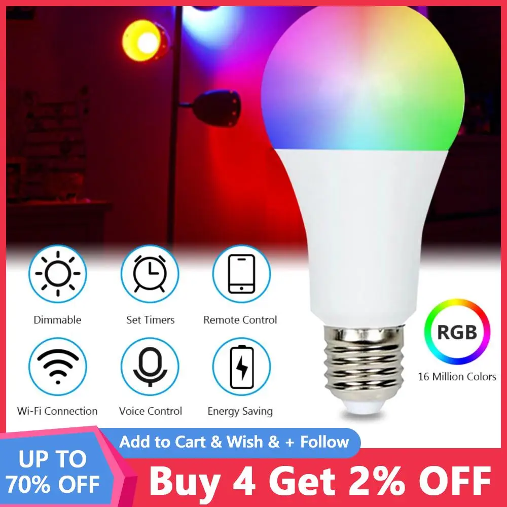 

Led Light 85-265V RGB 9W Wireless E26 E27 For Alexa/Google Wifi Dimmable Bulb Lampada Timer Function Lamp Home Colorful Changing