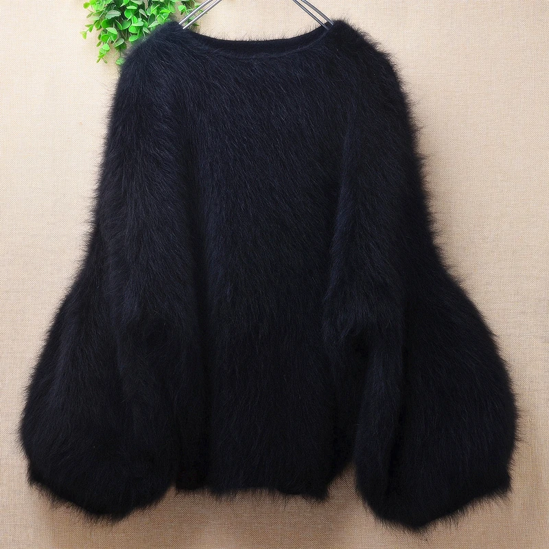 

04 женский осенне-зимний черный Пушистый Плюшевый норковый кашемировый свитер с длинными пышными рукавами и круглым вырезом свободный фотоджемпер свитер