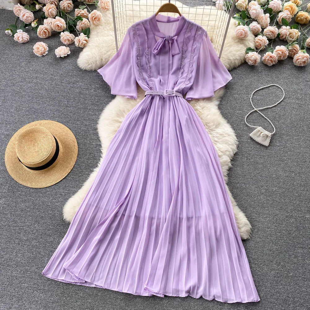 Women New Summer Korean Chic Bow Collar High Waist Pleated Chiffon Elegant Maxi Dress Short Sleeve Solid Color Vestidos G629
Women New Summer Korean Chic Bow Collar High Waist Pleated Chiffon Elegant Maxi Dress Short Sleeve Solid Color Vestidos G629