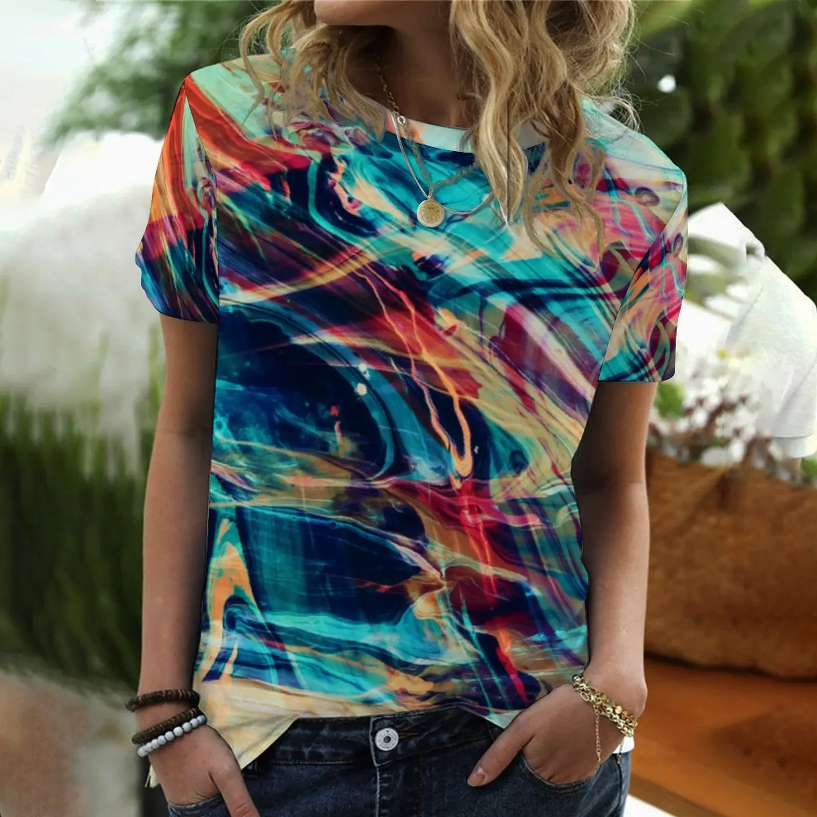2022 Ladies Summer European and American Round Neck Top 3D Printing Gradient Fashion Short-sleeved T-shirt Rainbow Color Top
2022 Ladies Summer European and American Round Neck Top 3D Printing Gradient Fashion Short-sleeved T-shirt Rainbow Color Top