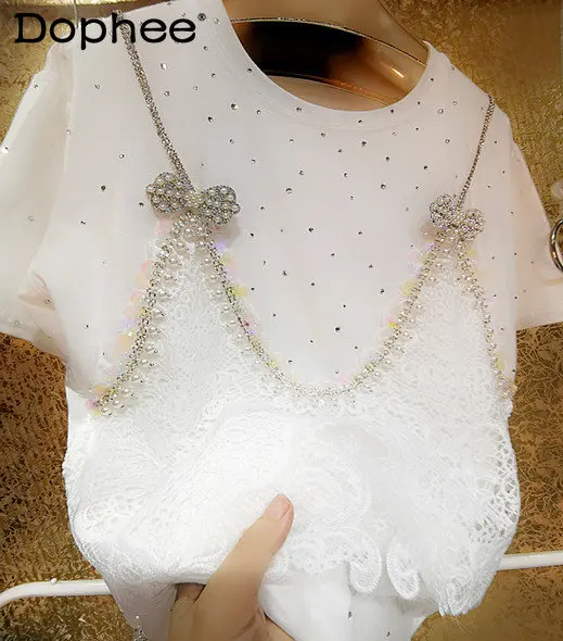 Shiny Full Body Rhinestone Pearl Heavy Industry Beads White Short Sleeve T-shirt Women Summer Fake Two-Piece Bow Cotton T Shirt
Shiny Full Body Rhinestone Pearl Heavy Industry Beads White Short Sleeve T-shirt Women Summer Fake Two-Piece Bow Cotton T Shirt