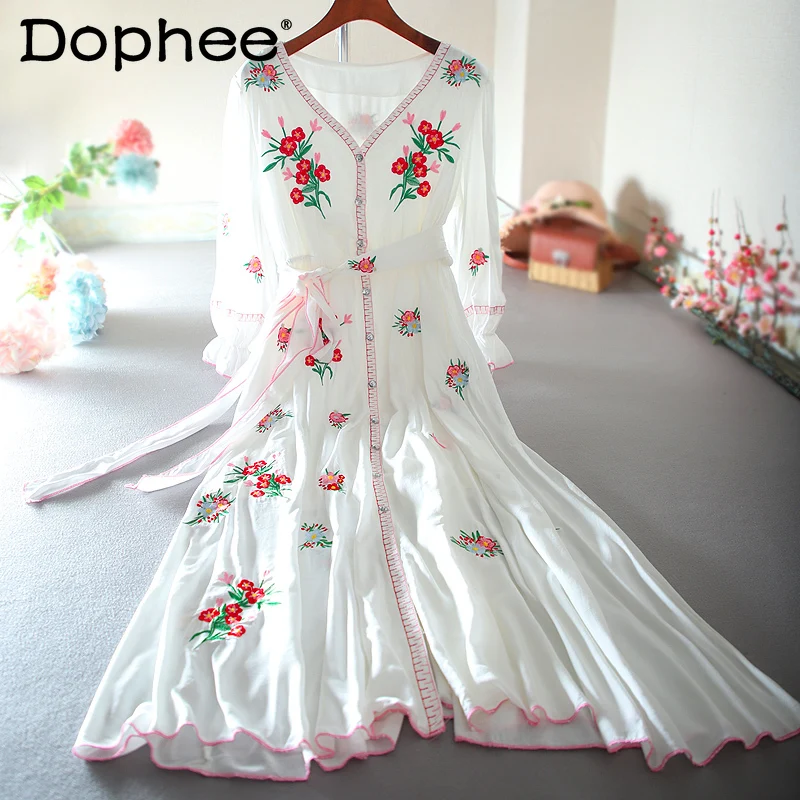 Girls Art Fresh Floral Maxi Dress Women Fairy Embroidered Flower V-neck Flounce White Dress Temperament Belt Waist Summer Dress
Girls Art Fresh Floral Maxi Dress Women Fairy Embroidered Flower V-neck Flounce White Dress Temperament Belt Waist Summer Dress