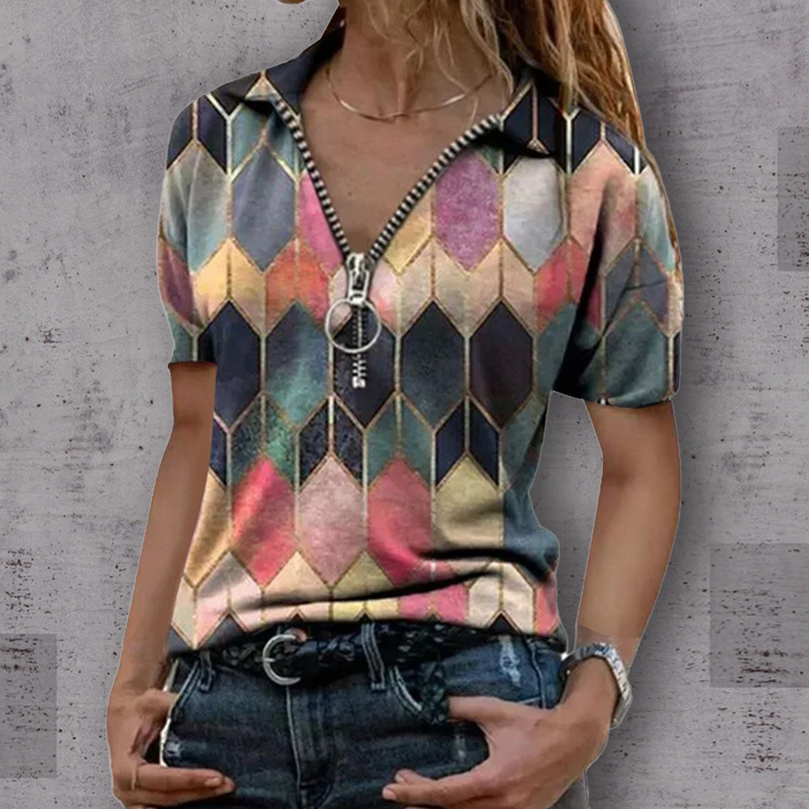 Women Short Sleeve V Neck Geometric Print Blouse Vintage Loose Shirt Y2K Harajuku Oversize Tops Elegant Zip Sweatshirt Tunic
Women Short Sleeve V Neck Geometric Print Blouse Vintage Loose Shirt Y2K Harajuku Oversize Tops Elegant Zip Sweatshirt Tunic