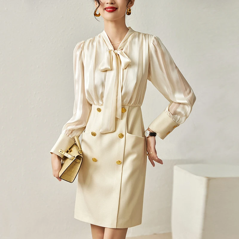 Elegant Fashion Dresses For Women Spring Autumn Bow Long Sleeve Women's Solid Dress Chiffon Patchwork Tweed Office Lady Dress
Elegant Fashion Dresses For Women Spring Autumn Bow Long Sleeve Women's Solid Dress Chiffon Patchwork Tweed Office Lady Dress
