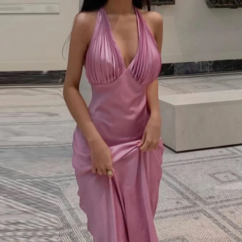 Sexy V Neck Dress Sleeveless Midi Dresses Satin Halter Dress Backless Purple Yellow Dresses Summer Dress Women Party Dresses
Sexy V Neck Dress Sleeveless Midi Dresses Satin Halter Dress Backless Purple Yellow Dresses Summer Dress Women Party Dresses