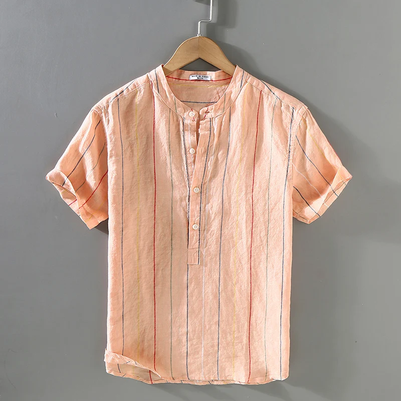 100% Linen summer new arrival stand collar striped short sleeve shirts men brand breathable shirt for men tops mens clothing
100% Linen summer new arrival stand collar striped short sleeve shirts men brand breathable shirt for men tops mens clothing