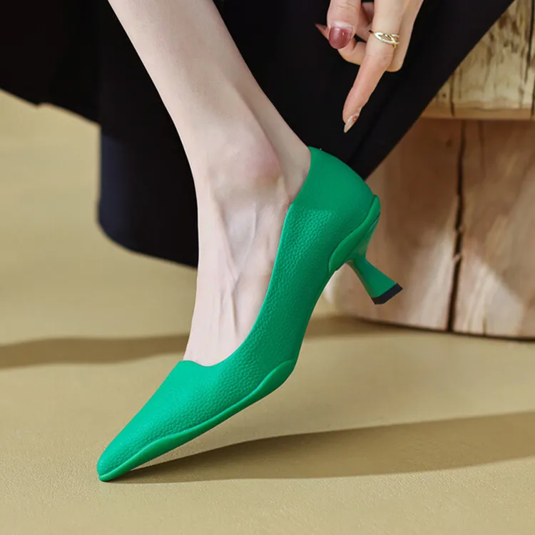 

Hot Fashion2022 Green Leather Women Dress Pumps Pointed Toe 5.5cm High Heels Ins Formal Party Apricot Sapatos Black Work Creeper
