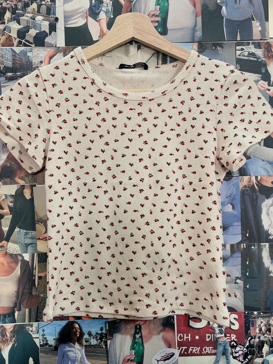 

Женский облегающий топ с цветочным принтом, ажурная футболка с круглым вырезом и коротким рукавом, милый шикарный хлопковый топ, лето 2023