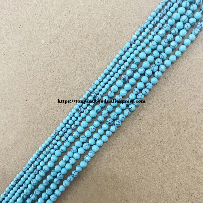 

Small Diamond Cuts Faceted Chinese Lake Blue Turquoise Round Loose Beads 15" 2 3 4MM Pick Size For Jewelry Making DIY