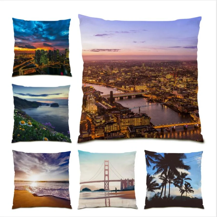 

Decoration Bed Throw Pillow Covers City Night View Cushion Cover 45x45 Gift Polyester Linen Realistic Landscape Sofa 2023 E0791