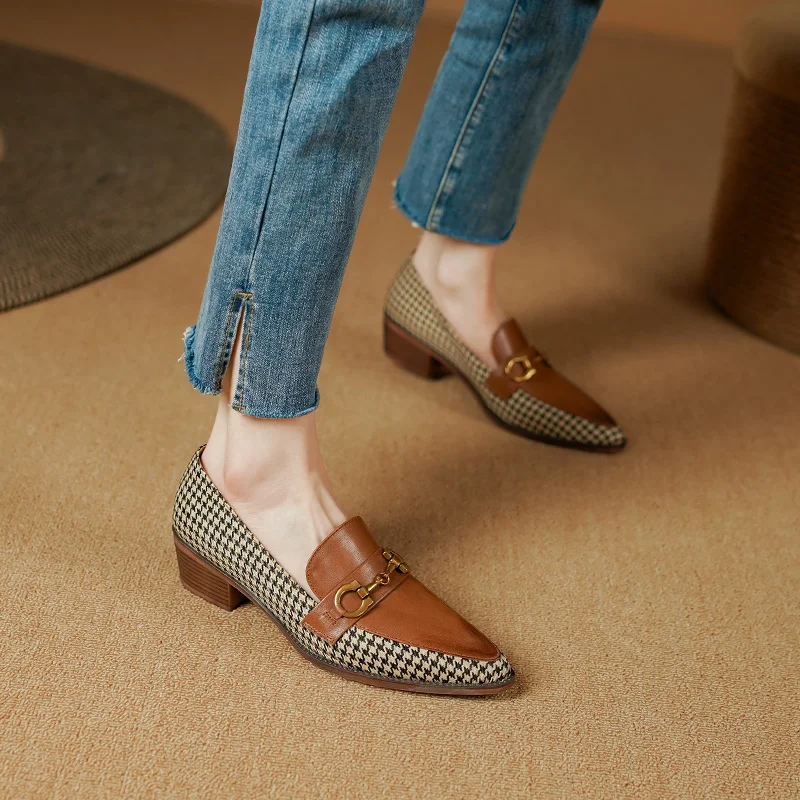 

British-style spring woven fabric stitching pointed cow leather buckle women's shoes with thick heel cow tendon soles
