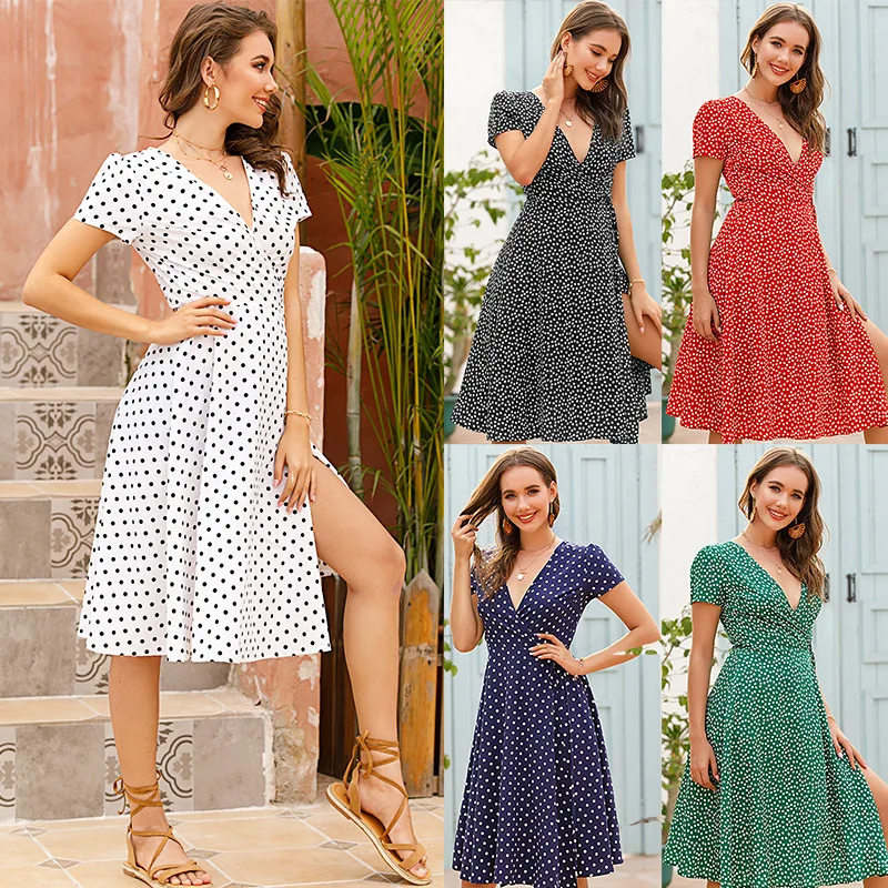 2022 Summer Polka Dots Dress Lace Up Low V Neck Sexy Casual A line Lady Clothing Elegant Vacation Beach Boho Dresses for Women
2022 Summer Polka Dots Dress Lace Up Low V Neck Sexy Casual A line Lady Clothing Elegant Vacation Beach Boho Dresses for Women