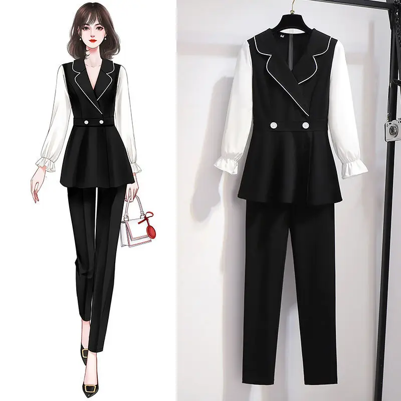 Elegant 2 Piece Set Women Outfit Fashion Spliced Blouse and High Waist Pants Suit Conjunto Femenino Office Lady Work Wear E166
Elegant 2 Piece Set Women Outfit Fashion Spliced Blouse and High Waist Pants Suit Conjunto Femenino Office Lady Work Wear E166