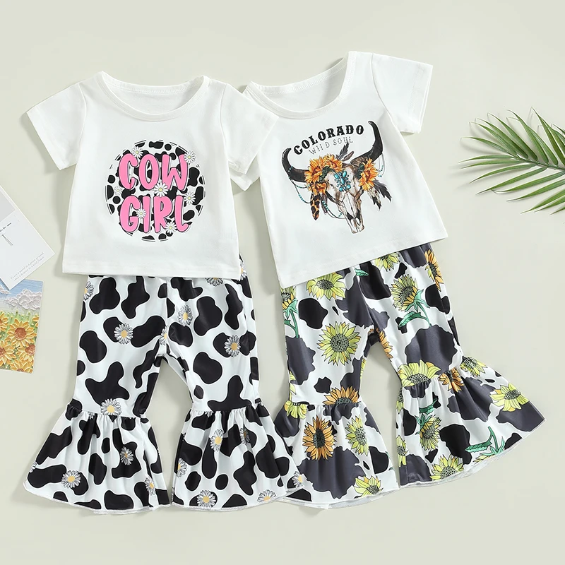 2023 Summer Kids Clothes Girl Cow Head Print Short Sleeve T-shirt Flare Pants Children Clothing 2Pcs Outfits Suits
2023 Summer Kids Clothes Girl Cow Head Print Short Sleeve T-shirt Flare Pants Children Clothing 2Pcs Outfits Suits