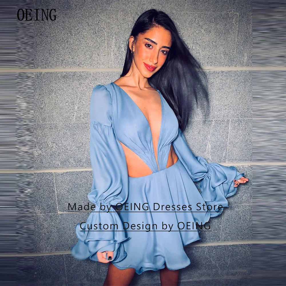 OEING Blue Deep V-neck A-line Hollow Short Night Cocktail Party Dresses With Full Bell Sleeveless Above Knee Satin Prom Gown
OEING Blue Deep V-neck A-line Hollow Short Night Cocktail Party Dresses With Full Bell Sleeveless Above Knee Satin Prom Gown